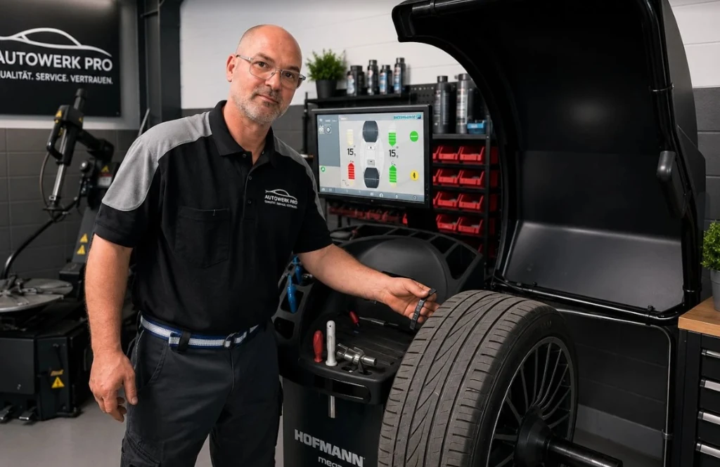 Mechaniker beim Reifenwuchten